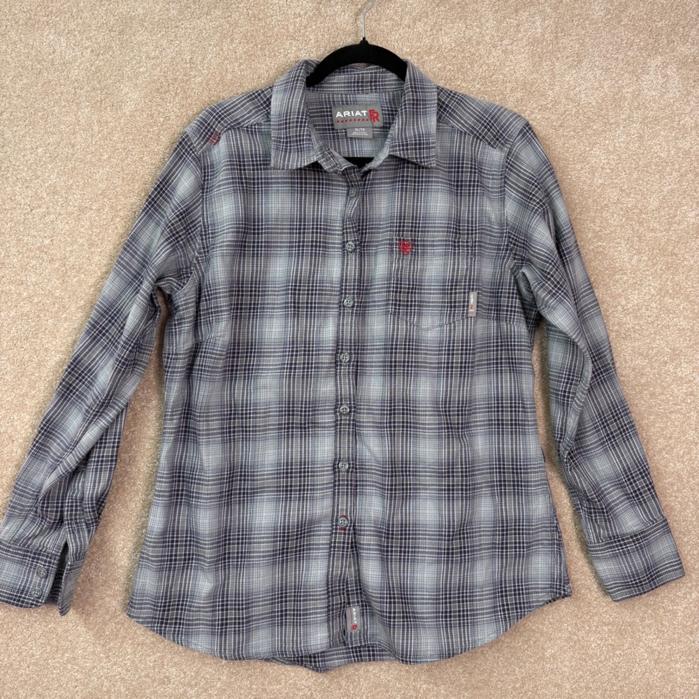 ARIAT FR Work Shirt Womens XL Grey Blue Plaid Flame Resistant CAT 2 Safety